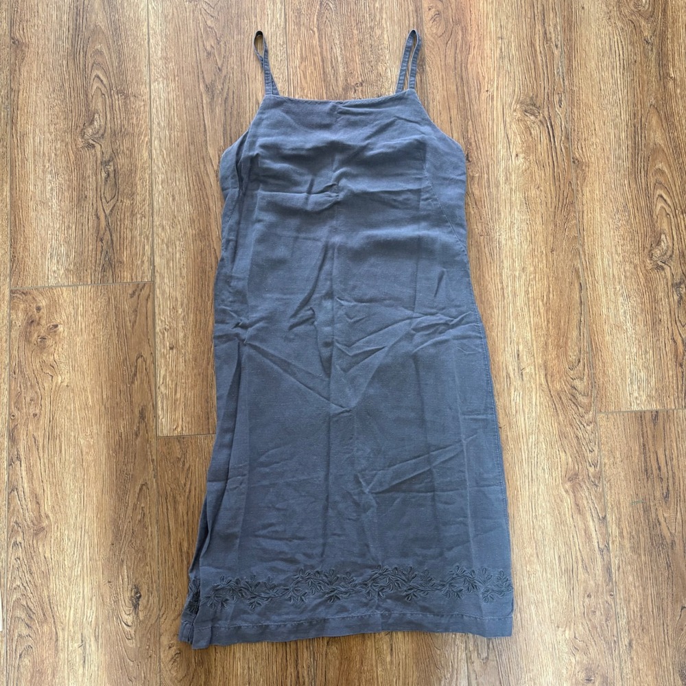 Merona Linen Blend Dress Womens 10 Embroidered Floral Casual Gray Boho Summer